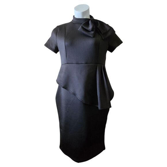 Black Retro 40s/50s Style Peplum Dress. Neck Bowtie. Fits Sz 14. Curvy Mad Men - Picture 2 of 9